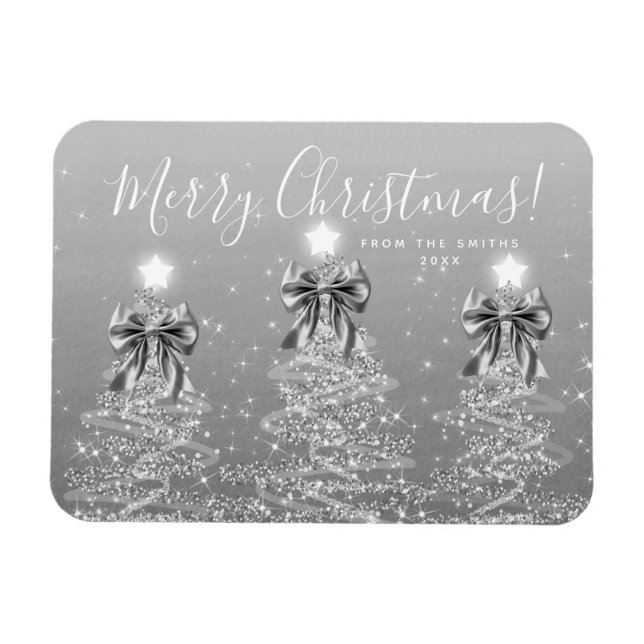 Elegant Holiday Silver Christmas Trees + Year Magnet (Horizontal)