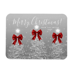 Elegant Holiday Silver Christmas Trees + Year Red Magnet