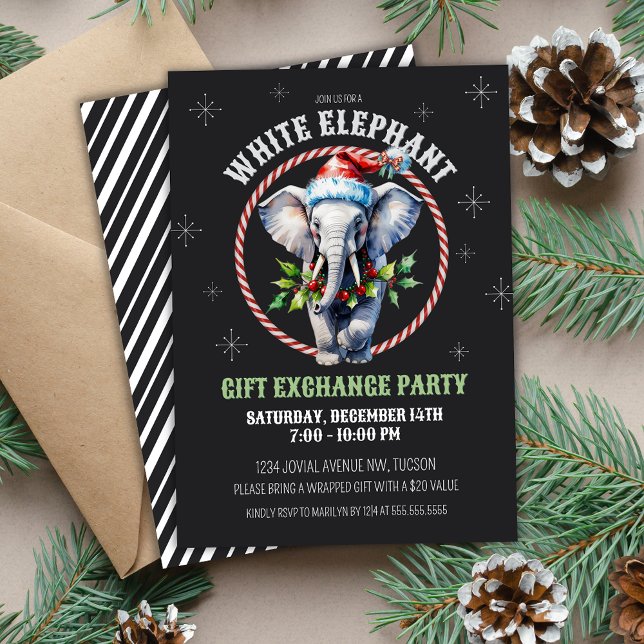 Elegant Holiday White Elephant Gift Exchange Invitation (Vintage chalkboard base white elephant Christmas holiday gift exchange party invitations with holly)