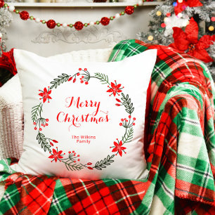 Elegant Holiday Wreath Script Merry Christmas Cushion