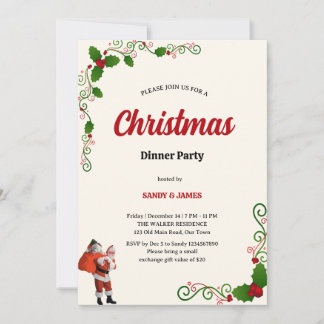 Elegant Holly and Berries Christmas dinner Party Invitation