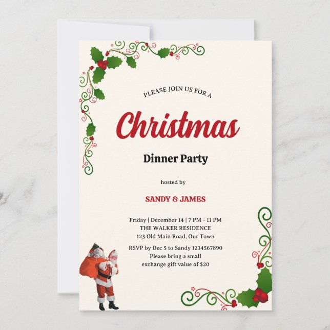 Elegant Holly and Berries Christmas dinner Party  Invitation (Front)