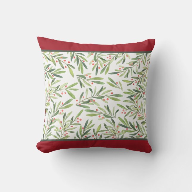 Elegant Holly and Berries Christmas Holiday Cushion (Front)