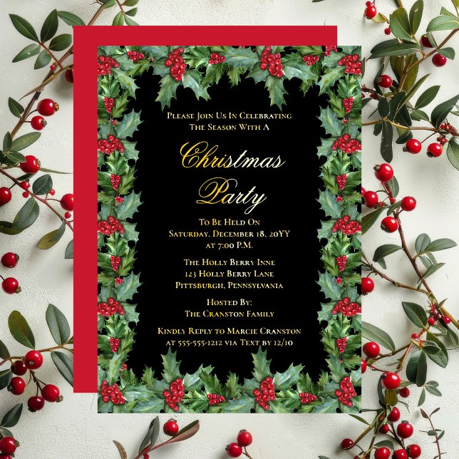 Elegant Holly and Berries Frame Christmas Party (Elegant Holly and Berries Frame Christmas Party Gold Foil Holiday Invitation)