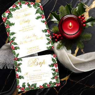 Elegant Holly and Berries Frame Christmas Party All In One Invitation