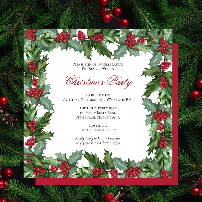 Elegant Holly and Berries Frame Christmas Party Invitation (Creator Uploaded)