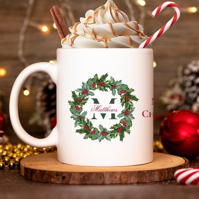 Elegant Holly and Berries Wreath Merry Christmas Coffee Mug (Elegant Holly and Berries Wreath Monogrammed "Merry Christmas" Coffee | Hot Cocoa Mug)