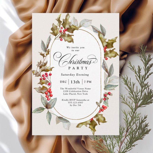 Elegant Holly and Berry Botanical Christmas Party Invitation (Available in both printed and instant download digital formats.)