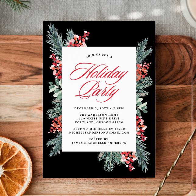 Elegant Holly and Evergreen Black Holiday Party Invitation (Creator Uploaded)
