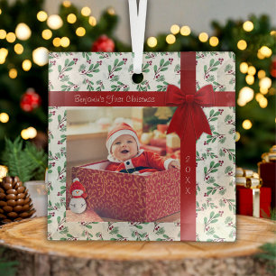 Elegant Holly Baby First Christmas Glass Ornament