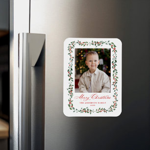 Elegant Holly Berries and Greenery Holiday Photo Magnet