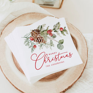 Elegant Holly Berries and Pine Cones Christmas Napkin