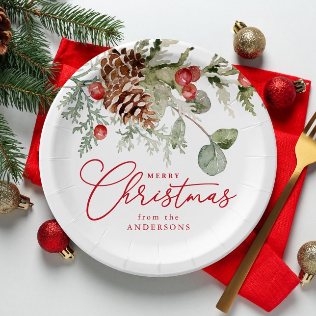 Elegant Holly Berries and Pine Cones Christmas Paper Plate (Creator Uploaded)