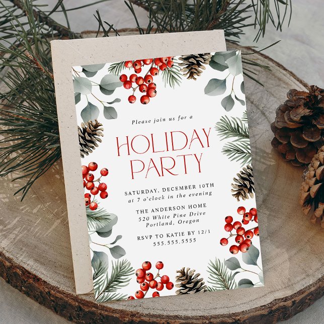 Elegant Holly Berries and Pine Cones Holiday Party Invitation (Creator Uploaded)