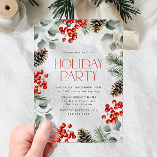 Elegant Holly Berries and Pinecones Holiday Party Acrylic Invitations