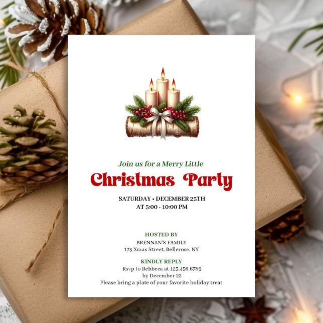 Elegant Holly Berries Candles Christmas Party Invitation (Elegant Holly Berries Candles Christmas Party Invitation)