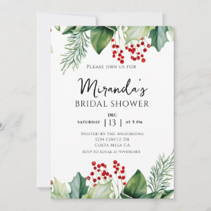 Elegant Holly Berries Christmas Bridal Shower Invitation
