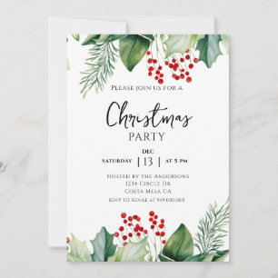 Elegant Holly Berries Christmas Party Invitation