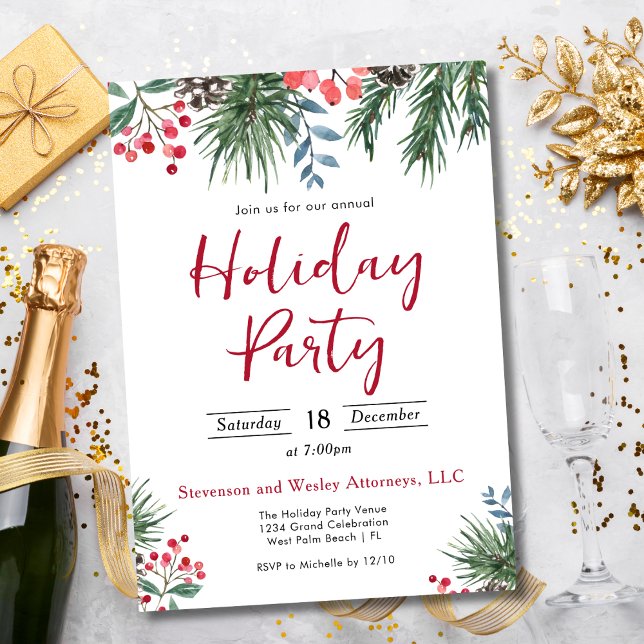 Elegant Holly Berries Corporate Holiday Party Invitation (Creator Uploaded)