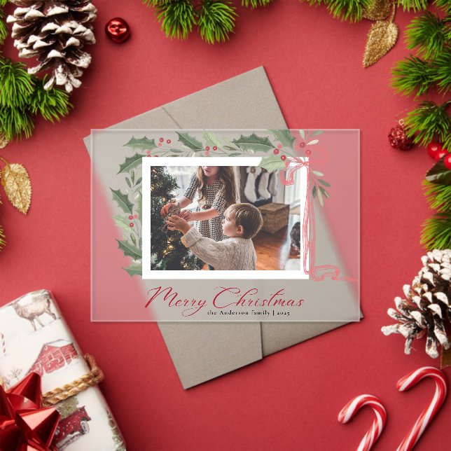 Elegant Holly Berries Family Photo Christmas Card Acrylic Invitations (Insitu (Holiday))