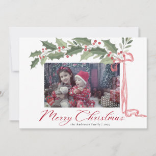 Elegant Holly Berries Foliage   Photo Christmas Holiday Card