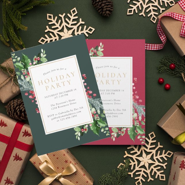 Elegant Holly Berries Green Holiday Party  Invitation (Creator Uploaded)