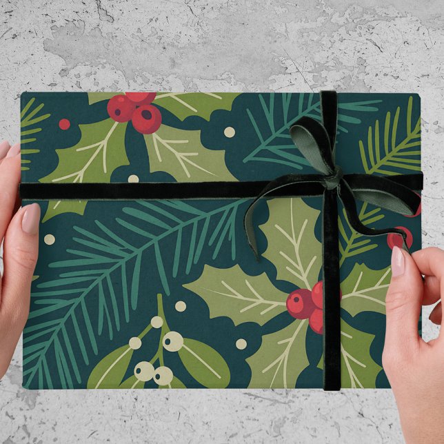 Elegant Holly Berries Greenery Christmas Gift Wrapping Paper (Creator Uploaded)