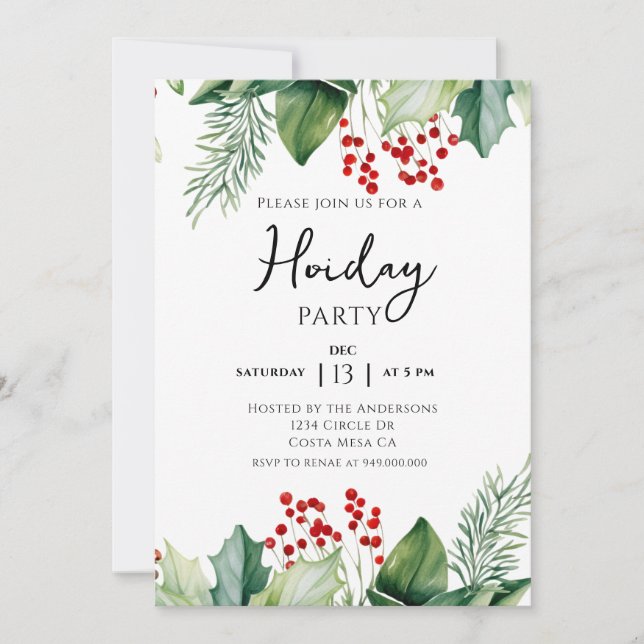 Elegant Holly Berries Holiday Party Invitation (Front)