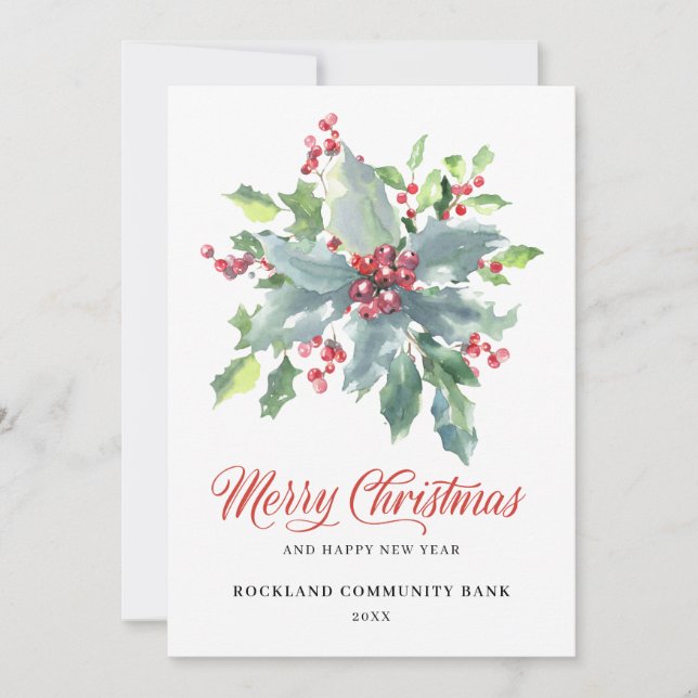 Elegant Holly Berries Non-Photo 2022 Corporate Holiday Card (Front)