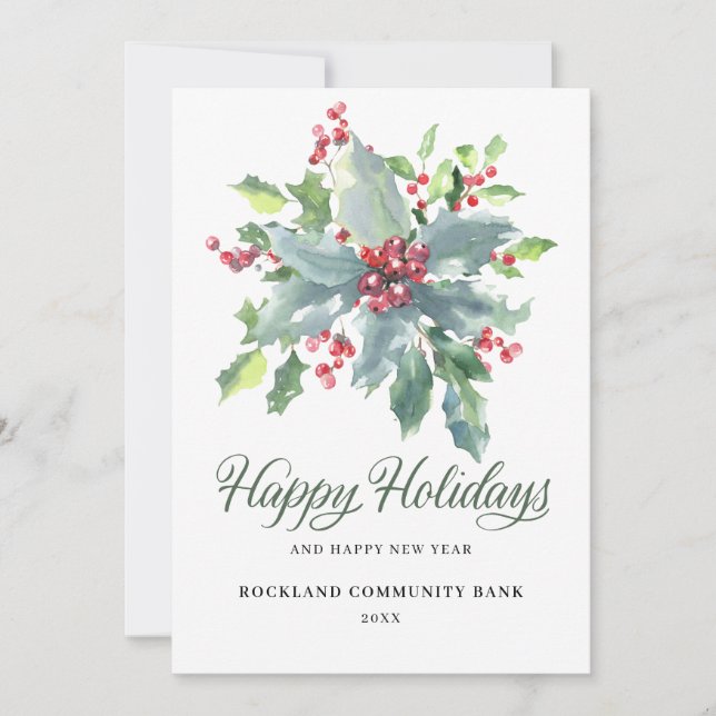 Elegant Holly Berries Non-Photo 2022 Corporate Holiday Card (Front)