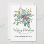 Elegant Holly Berries Non-Photo 2022 Corporate Holiday Card<br><div class="desc">Elegant and professional,  this corporate Christmas card holly and red berry sprig in the centre. An editable pre-printed message and place for your company logo is on the back. You can just delete the logo option if you don't want to use it.</div>