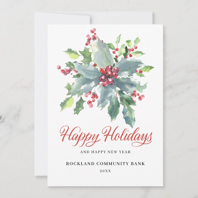 Elegant Holly Berries Non-Photo 2024 Corporate  Holiday Card (Front)