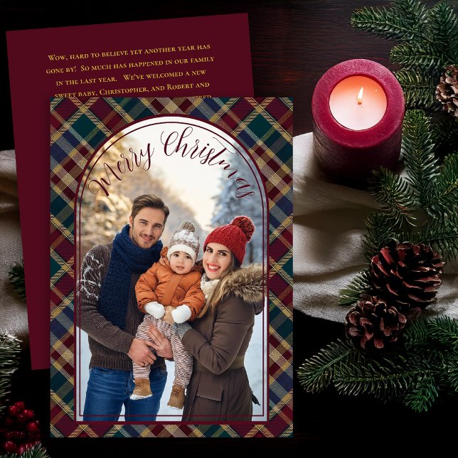 Elegant Holly Berries Plaid Christmas Photo Letter Holiday Card (Elegant Holly and Berries and Rich Plaid Arch-Photo Merry Christmas Holiday Letter Greeting Card)