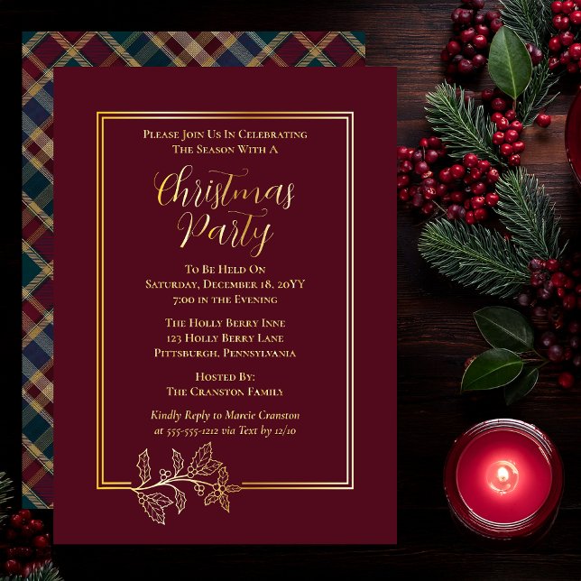 Elegant Holly | Berries Rich Plaid Christmas Party (Elegant Holly and Berries with Rich Plaid Christmas Party Foil Invitations - Dark Cranberry Red)