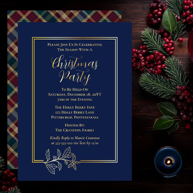 Elegant Holly | Berries Rich Plaid Christmas Party (Elegant Holly and Berries with Rich Plaid Christmas Party Foil Invitations - Dark Blue)