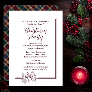 Elegant Holly Berries Rich Plaid Christmas Party Holiday Card