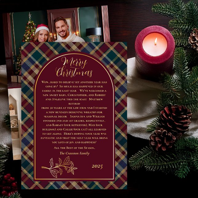 Elegant Holly | Berries Rich Plaid Christmas Photo (Elegant Holly and Berries and Rich Plaid Three-Photo Merry Christmas Holiday Letter Greeting Card)