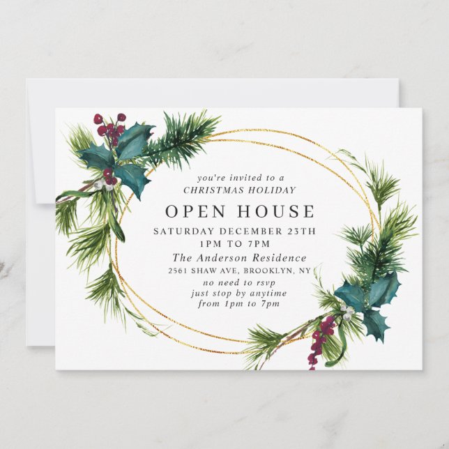 Elegant Holly Berry CHRISTMAS HOLIDAY OPEN HOUSE Invitation (Front)
