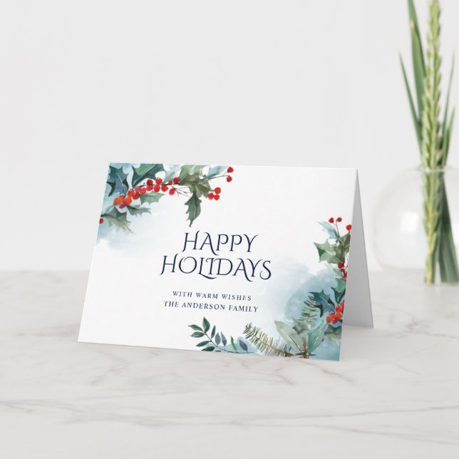 Elegant Holly Berry Christmas Mistletoe Greeting Holiday Card (Front)