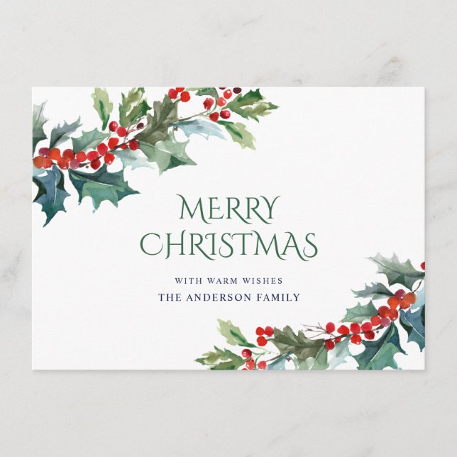 Elegant Holly Berry Christmas Mistletoe Greeting Holiday Card (Front)