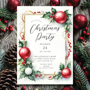 Elegant Holly Berry Christmas Party Invitation