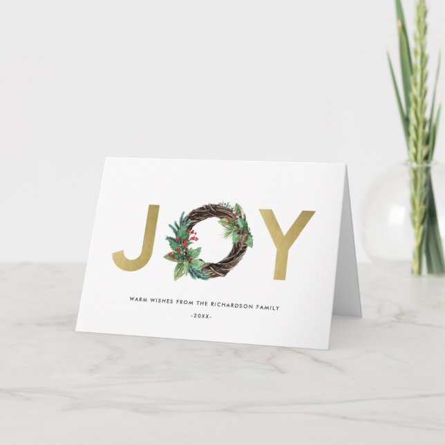 ELEGANT HOLLY BERRY GOLD RED JOY WREATH CHRISTMAS CARD (Front)