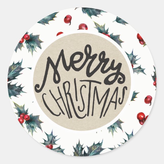 Elegant Holly Berry Holiday Christmas Rustic Favou Classic Round Sticker (Front)