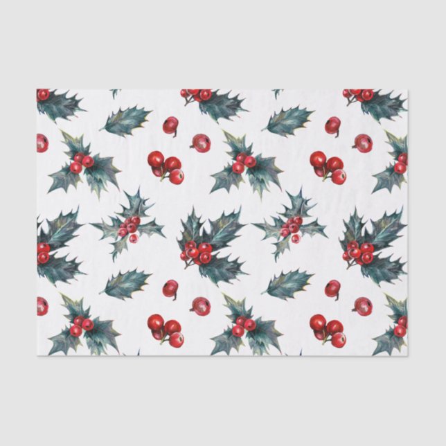 Elegant Holly Berry Holiday Christmas Rustic Tissue Paper (Front)