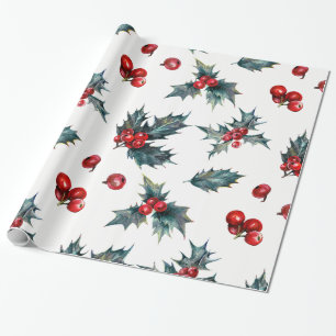 Elegant Holly Berry Holiday Christmas Rustic Wrapping Paper