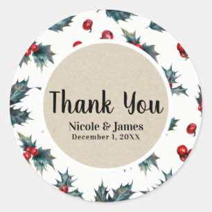 Elegant Holly Berry Holiday Winter Wedding Favour Classic Round Sticker