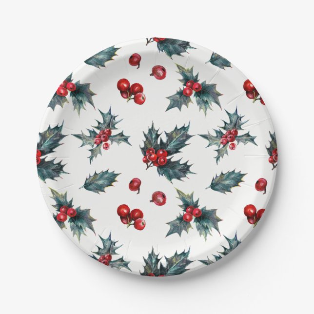 Elegant Holly Berry Holiday Winter Wedding Party Paper Plate (Front)