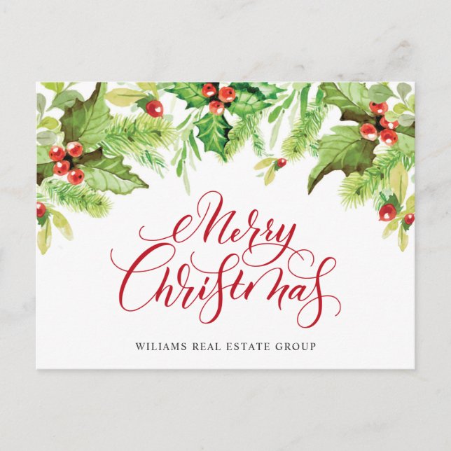 Elegant Holly Berry Mistletoe Corporate Christmas  Holiday Postcard (Front)