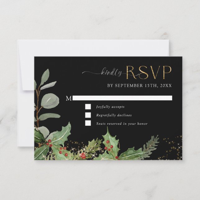 Elegant Holly Berry n Pine Black n Gold Wedding RSVP Card (Front)