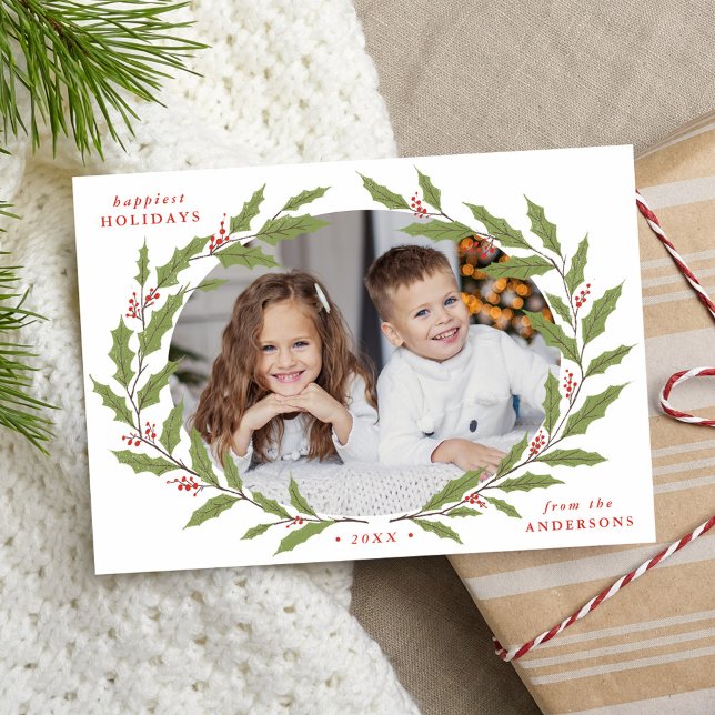 Elegant Holly Berry Oval Wreath 2 Photo Holiday Card (Creator Uploaded)